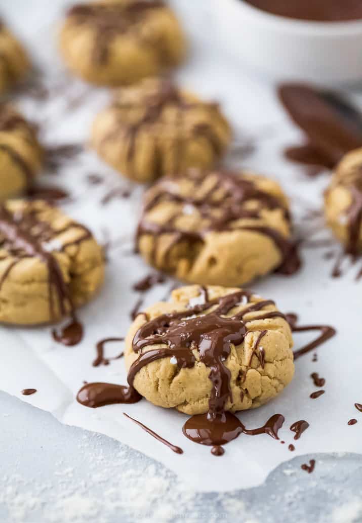 vegan peanut butter cookies drizzled with chocolate on top