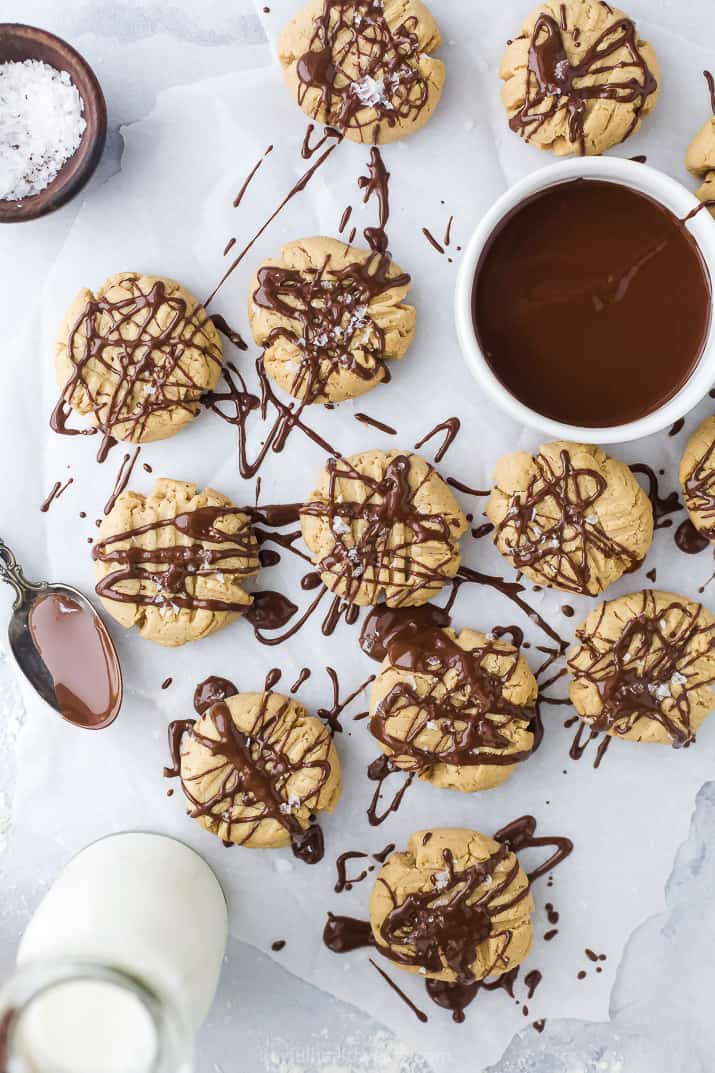 overhead photos of vegan peanut butter cookies with chocolate drizzle