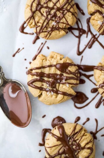 vegan peanut butter cookies with a chocolate drizzle