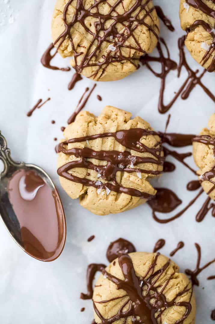 vegan peanut butter cookies with a chocolate drizzle