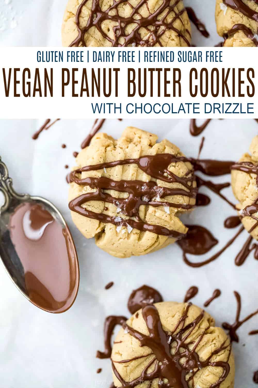 pinterest image for vegan peanut butter cookie with chocolate drizzle