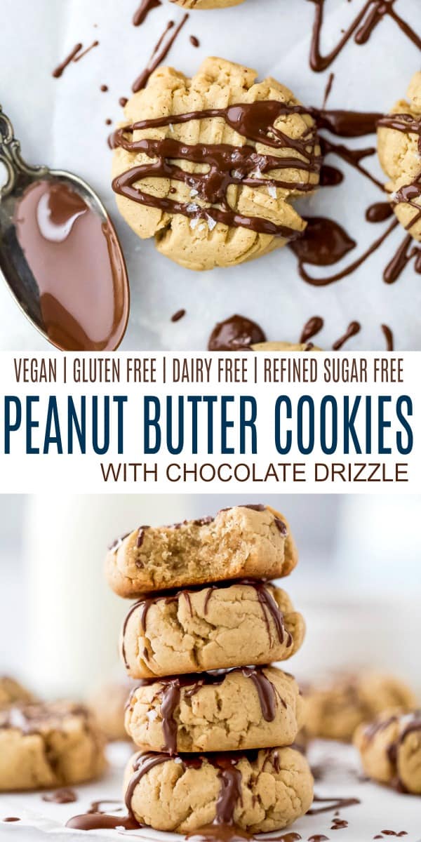 pinterest image for vegan peanut butter cookies with chocolate drizzle