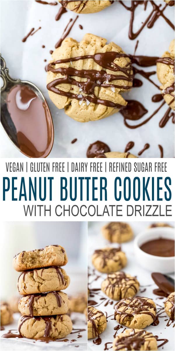 pinterest image for vegan peanut butter cookies with chocolate drizzle
