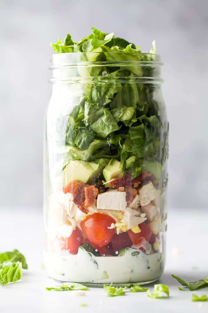 epic mason jar chicken cobb salad with light ranch dressing