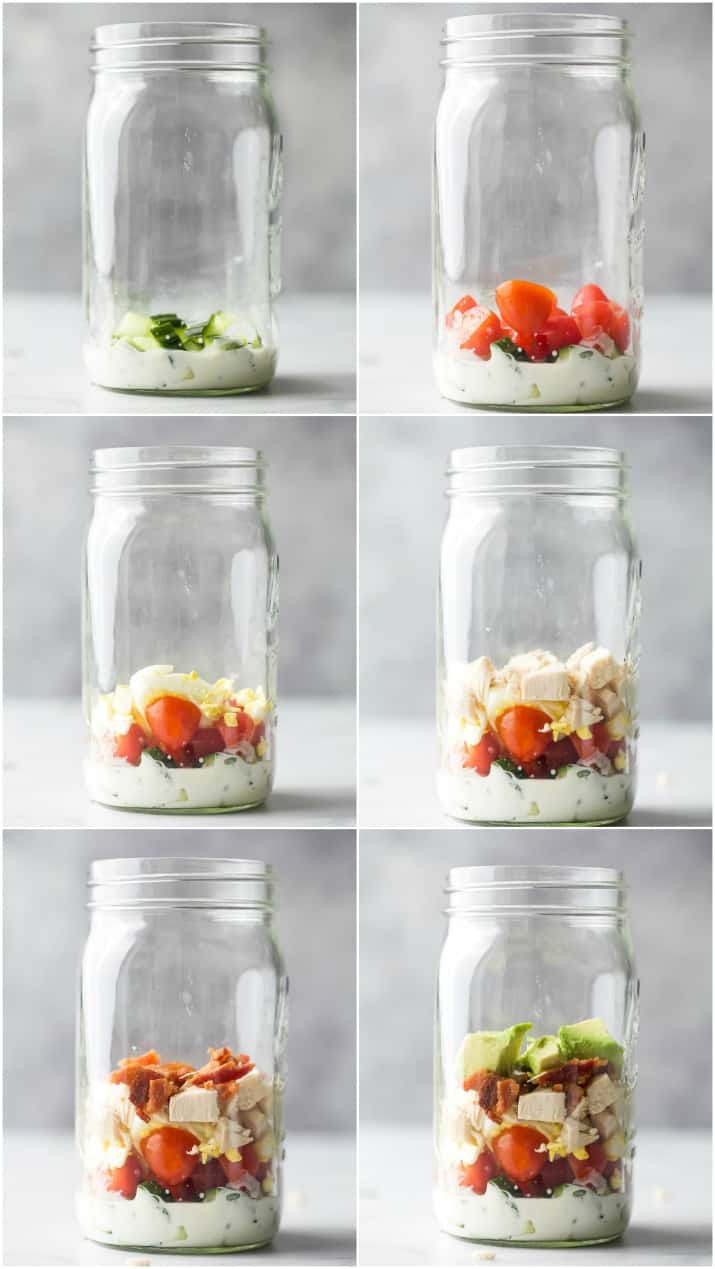 step by step of how to make a mason jar cobb salad recipe