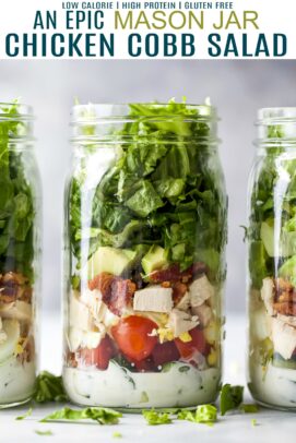 pinterest image for epic mason jar chicken cobb salad with ranch dressing