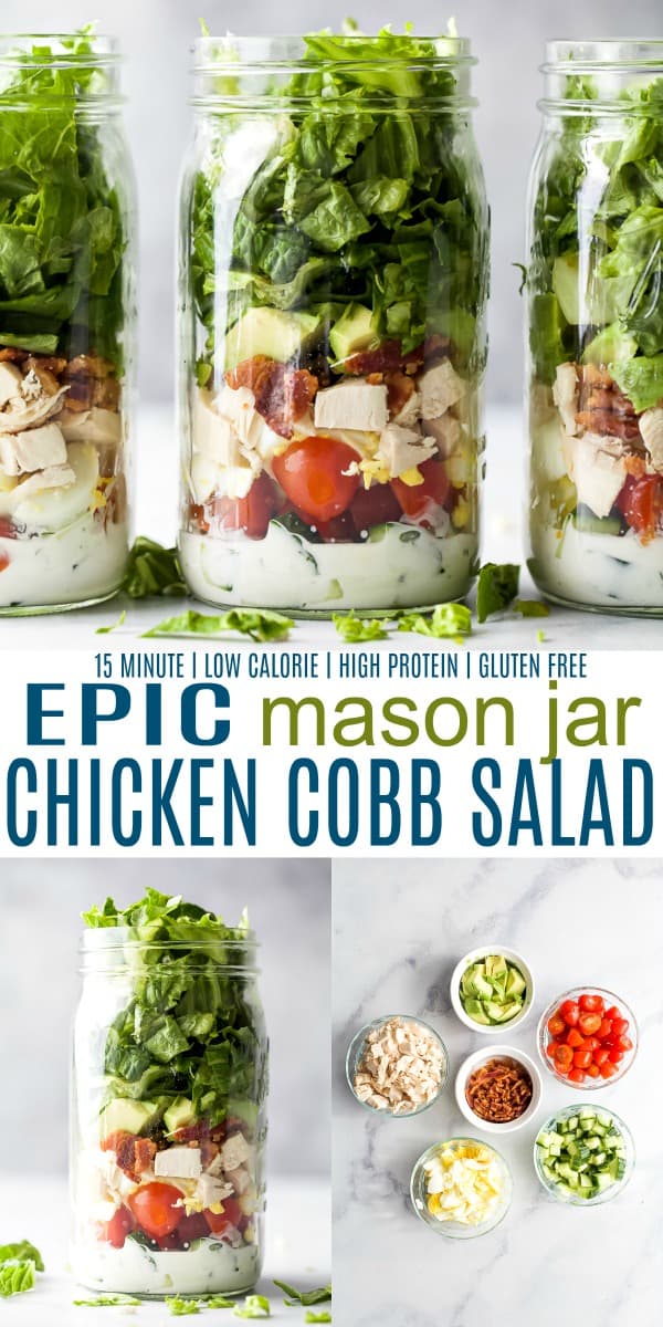 pinterest image for epic mason jar cobb salad with ranch dressing