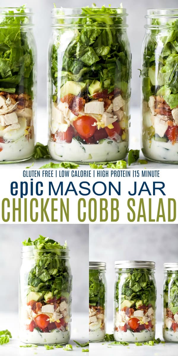 pinterest image for epic mason jar chicken cobb salad with ranch dressing