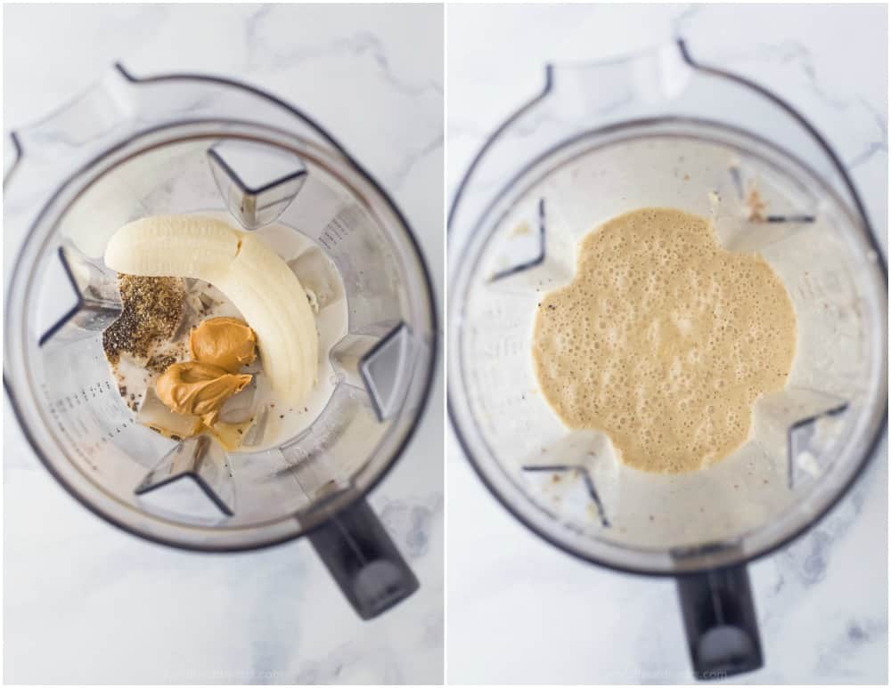 2-p،to collage with smoothie ingredients in the blender on the left and the finished smoothie to the right.