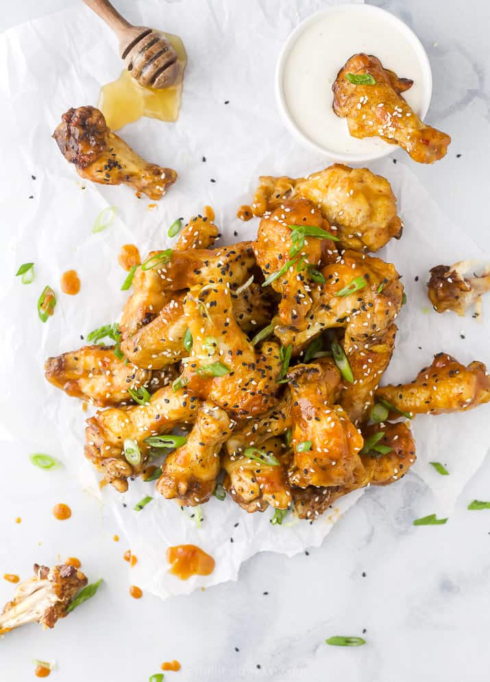 overhead pile of crispy baked korean bbq chicken wings