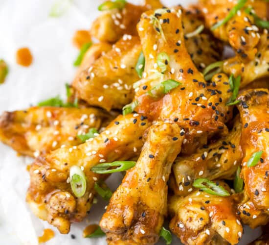 crispy baked korean bbq chicken wings with sesame seed and green onions