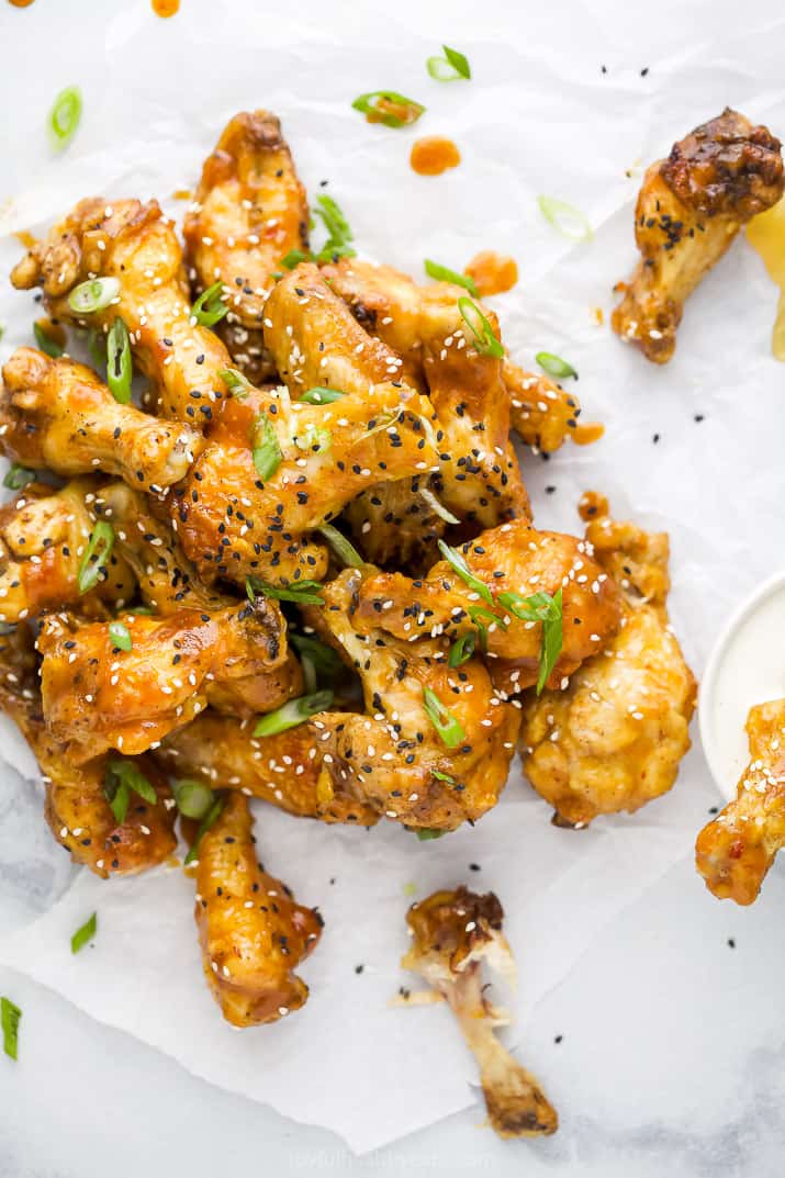 overhead photo of crispy baked korean bbq chicken wings