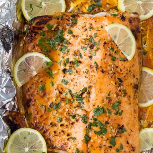 overhead photo of easy 20 minute garlic butter salmon in foil recipe