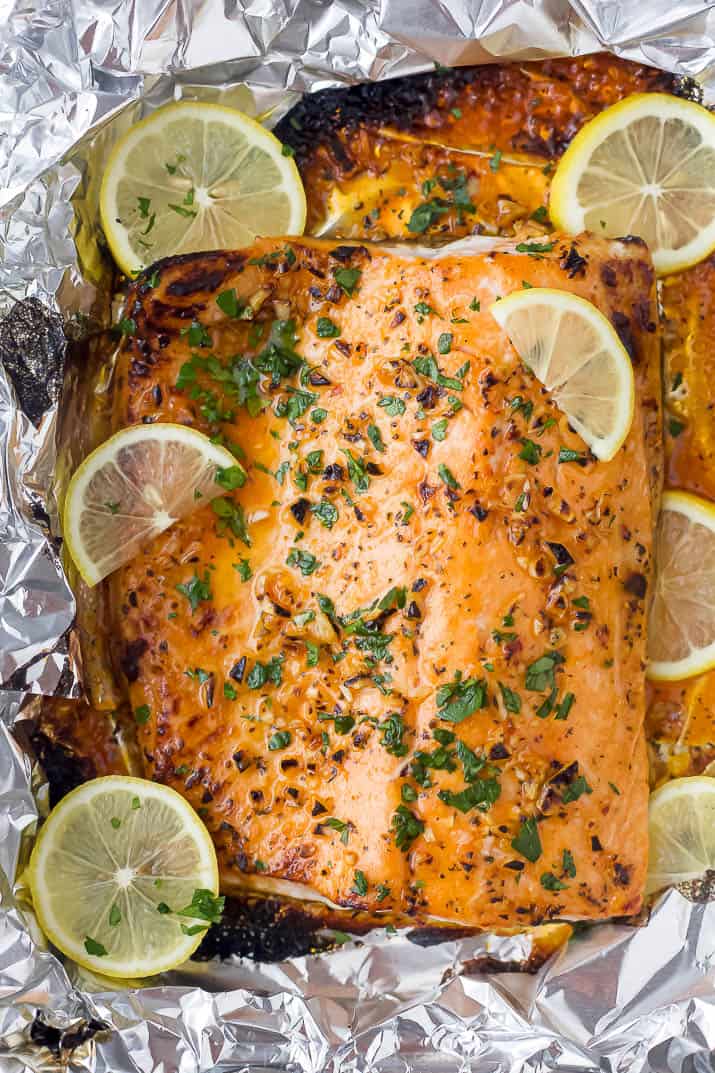 cooked salmon in foil with lemon slices