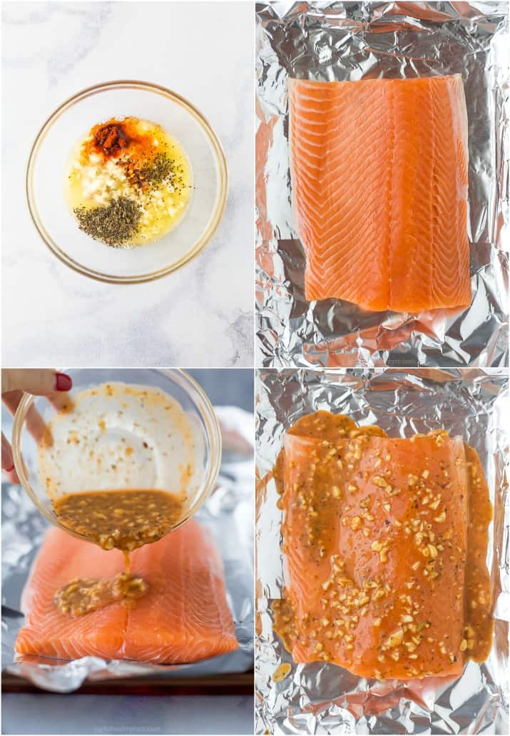 un bol con los ingredientes para la salsa de salmón, luego el salmón en papel de aluminio con la salsa por encima