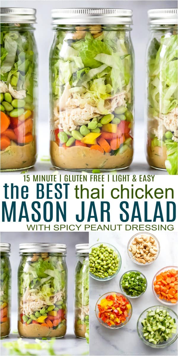 pinterest image for thai chicken mason jar salad recipe with peanut dressing