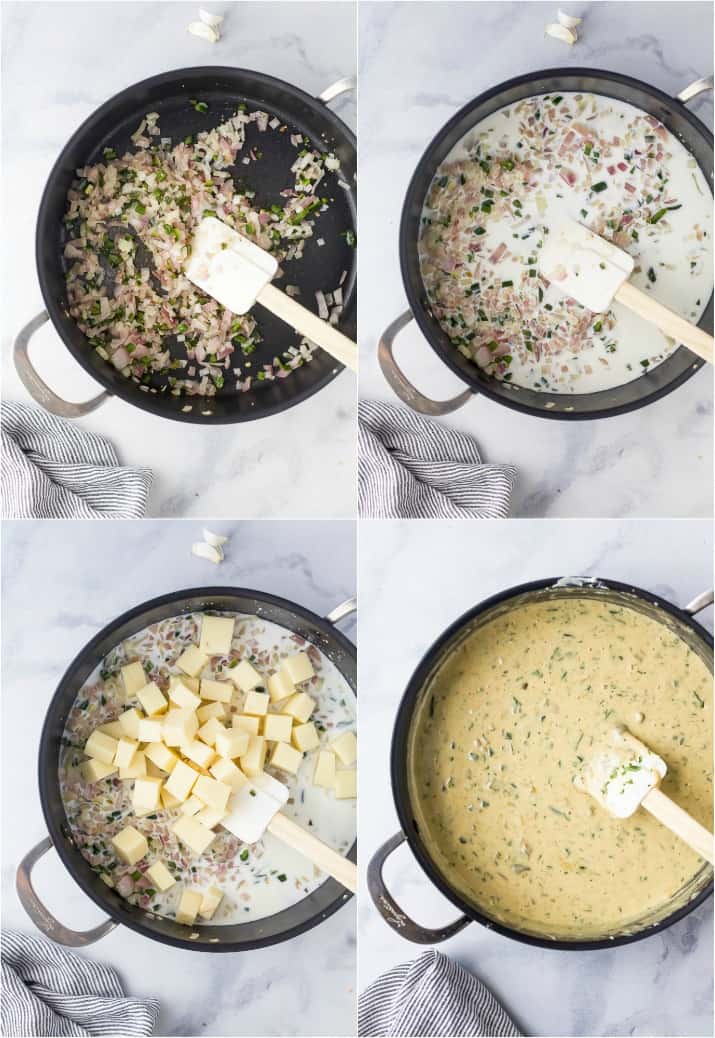 Step-by-step photos showing how to make homemade white queso dip on the stovetop.