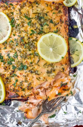 Baked Honey Garlic Salmon in Foil with a fork