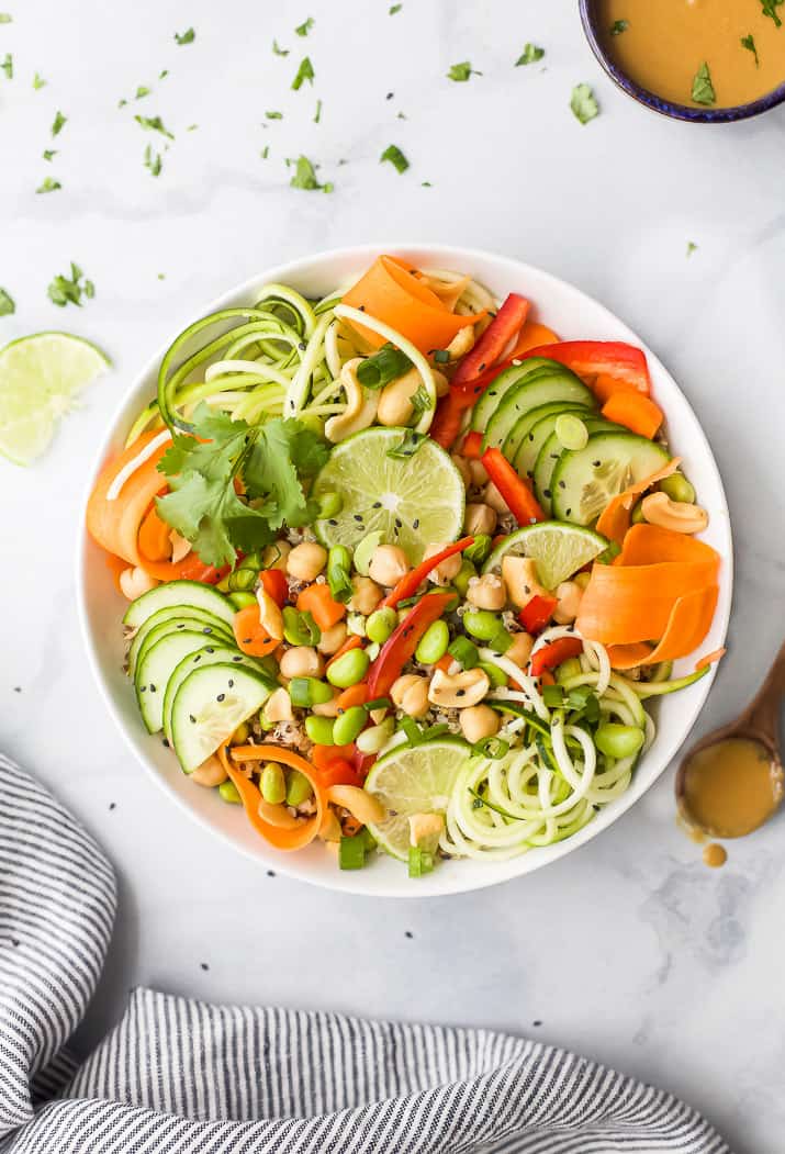 overhead photo of vegetarian thai quinoa salad in a bowl