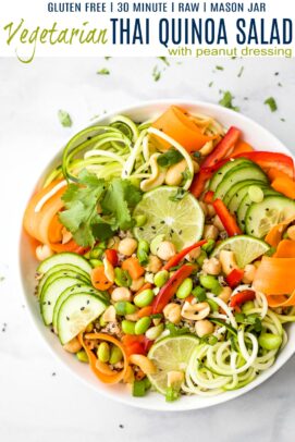 pinterest image for vegetarian thai quinoa salad with peanut dressing