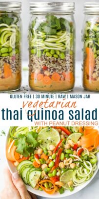 pinterest image for vegetarian thai quinoa salad with peanut dressing