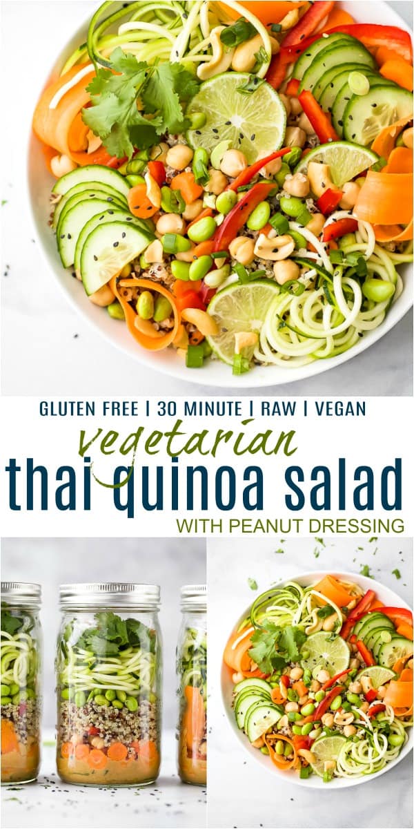 pinterest image for vegetarian thai quinoa salad with peanut dressing