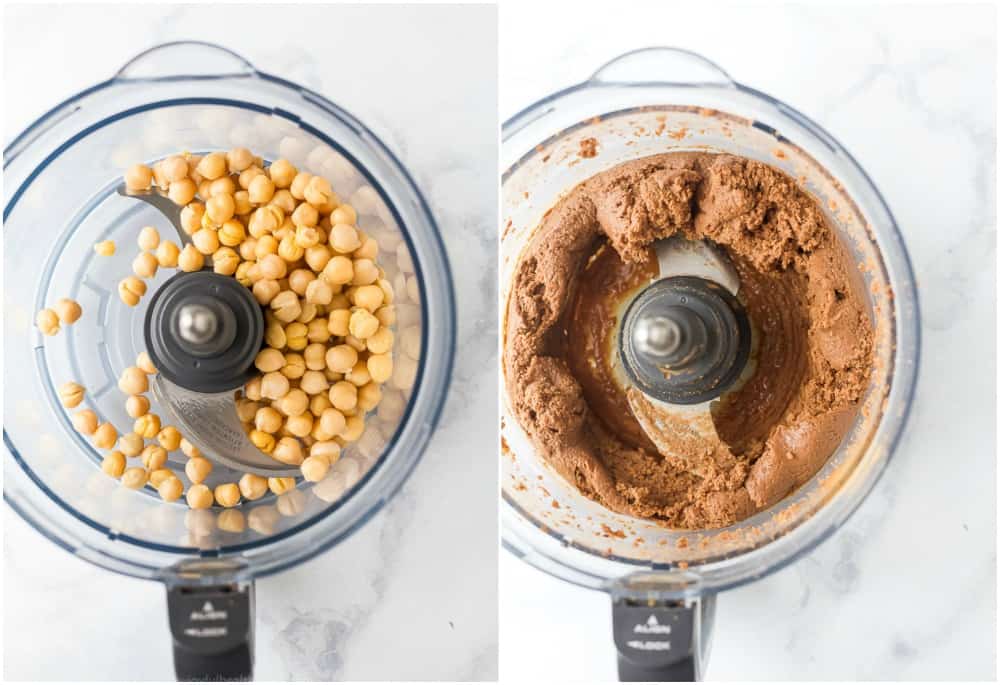ingredients for easy vegan edible brownie batter in a food processor