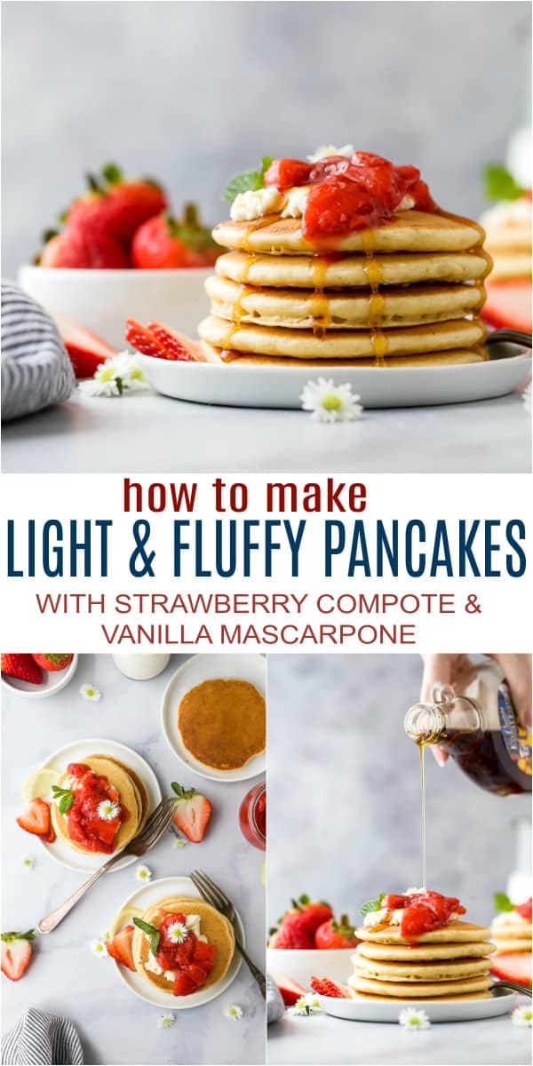 pinterest image for fluffy pancake recipe with strawberry compote and vanilla mascarpone