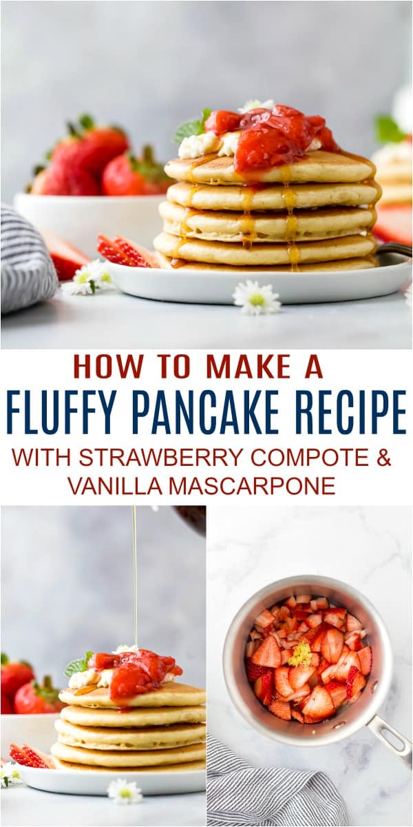 pinterest image for fluffy pancake recipe with strawberry compote and vanilla mascarpone