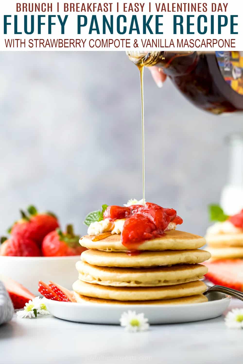 pinterest image for fluffy pancake recipe with strawberry compote and vanilla mascarpone