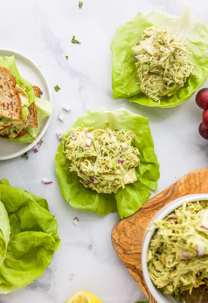 avocado chicken salad on lettuce leaves