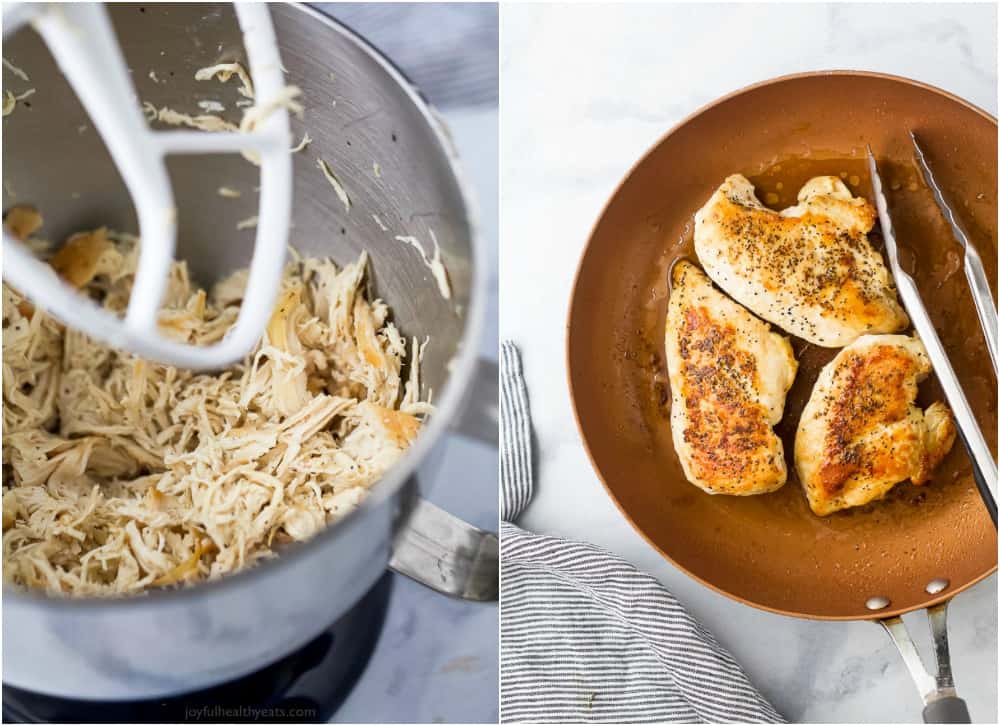 Shredding cooked chicken in a stand mixer bowl.