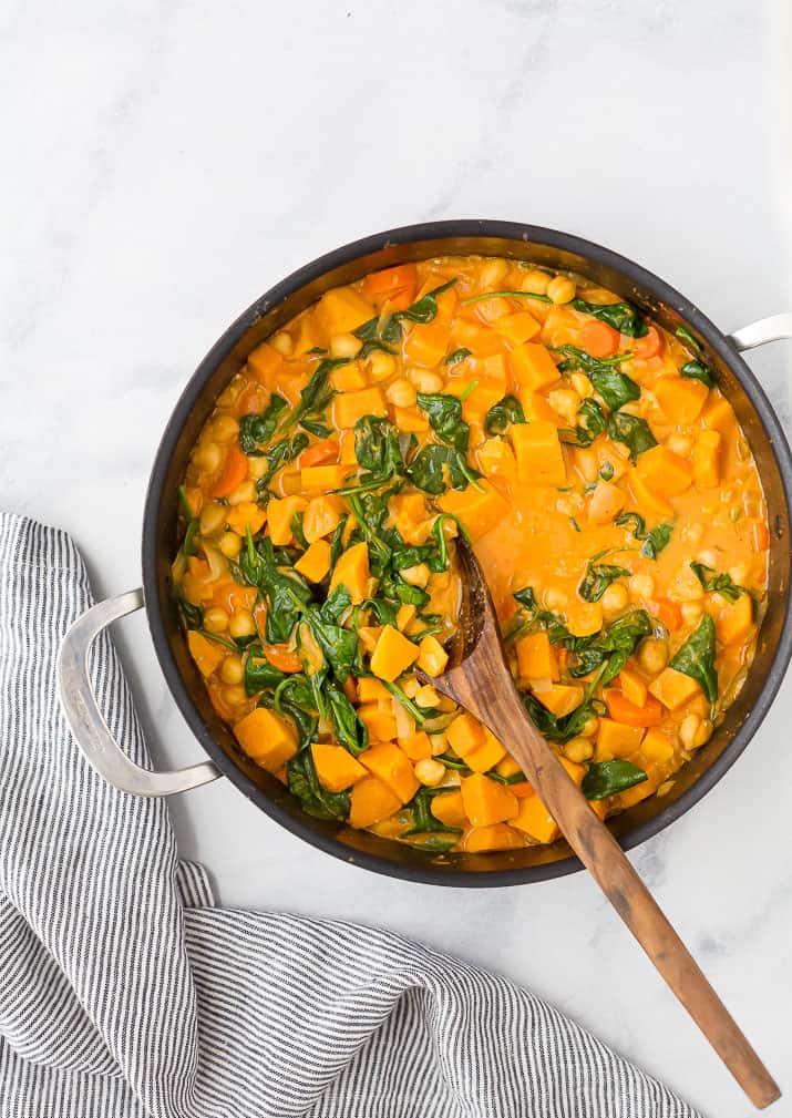 vegan sweet potato chickpea curry in a pot