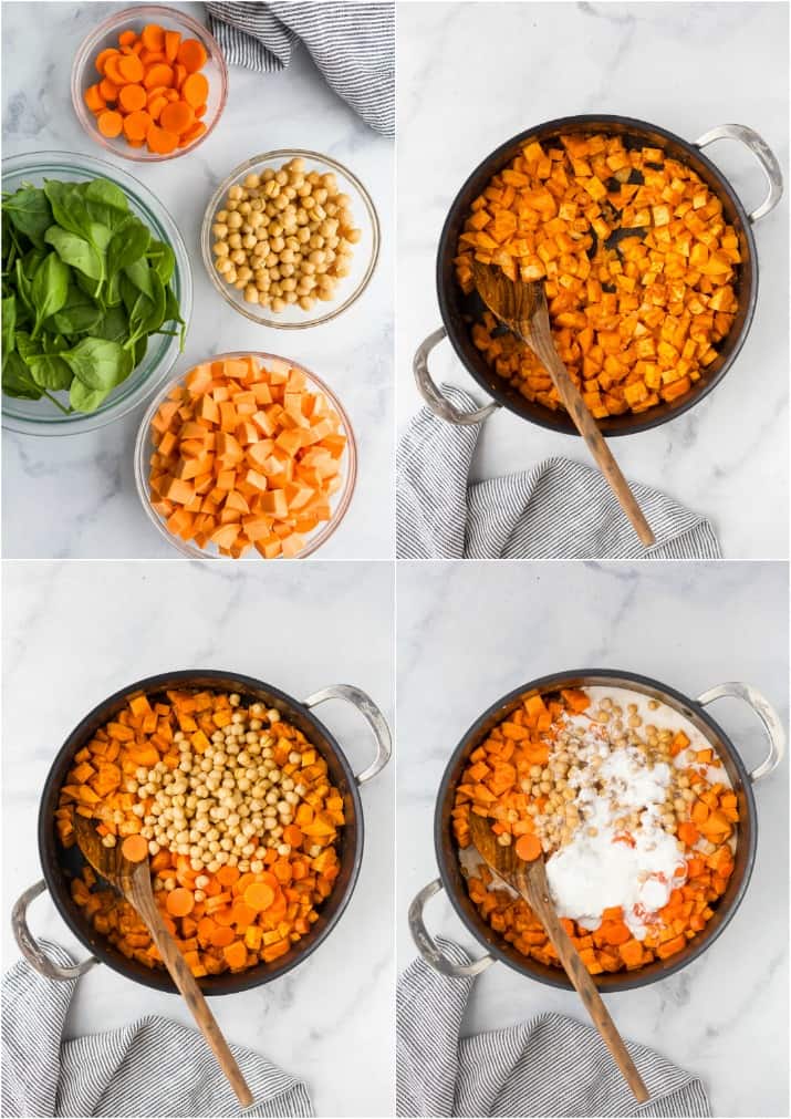 process photos of how to make vegan sweet potato chickpea curry