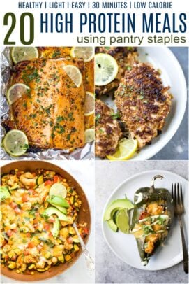 pinterest pin for 20 light and easy high protein meal ideas using pantry staples