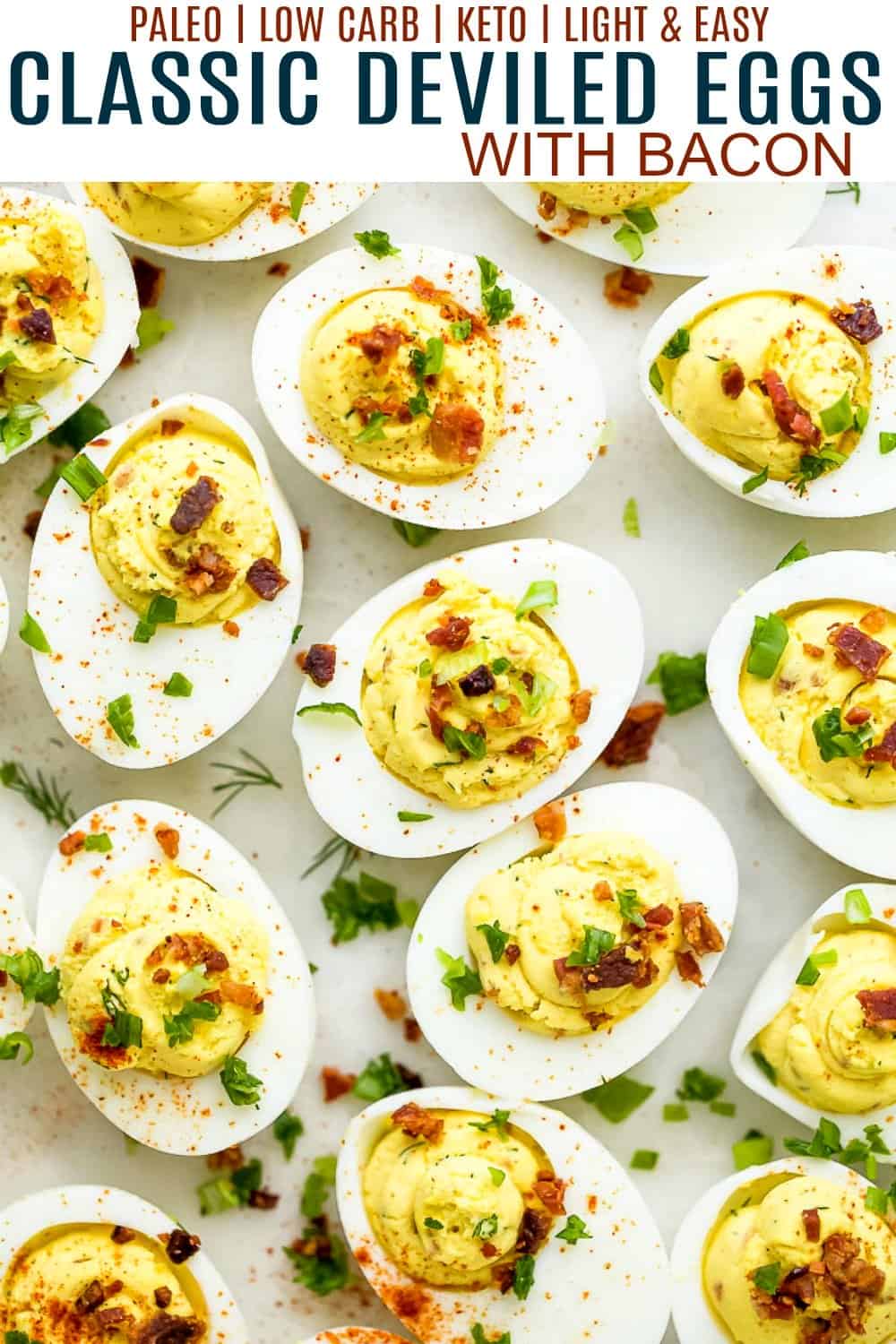 pinterest image for classic deviled eggs recipe with bacon