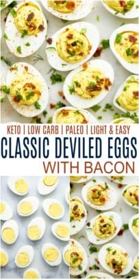 pinterest image for classic deviled eggs with bacon
