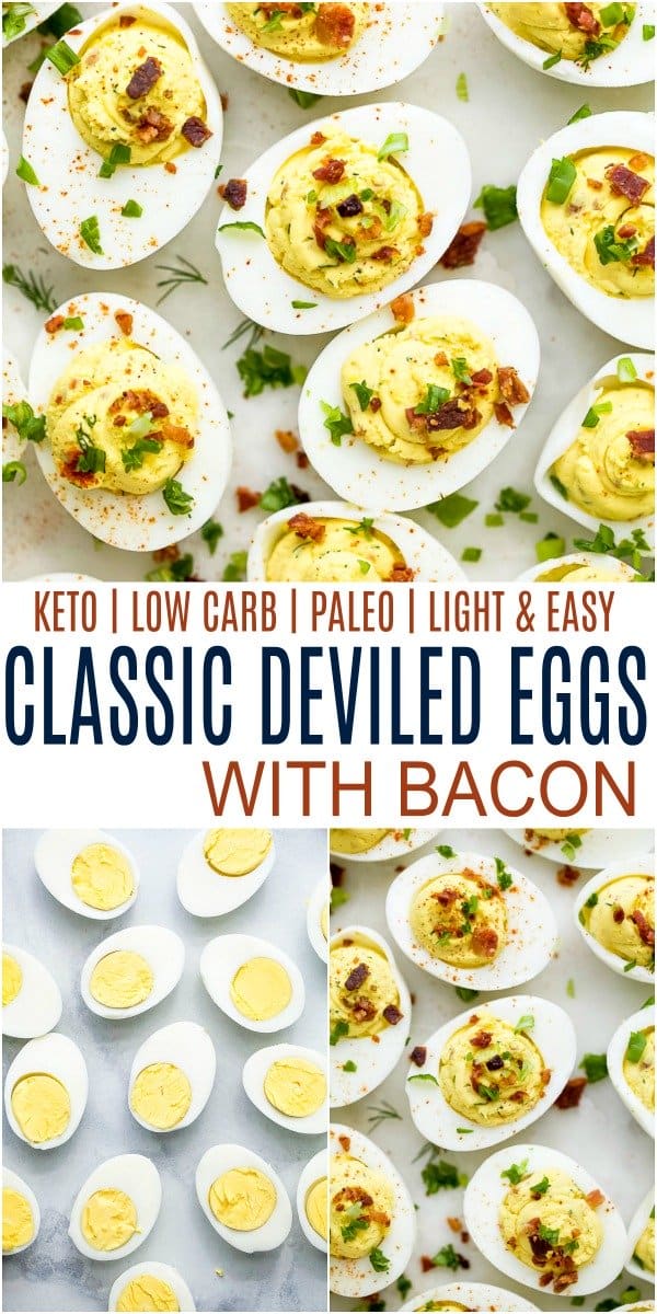 pinterest image for classic deviled eggs with bacon