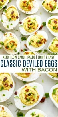 pinterest image for keto classic deviled eggs with bacon