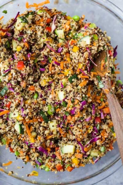 overhead photo of crunchy thai quinoa salad in a large bowl