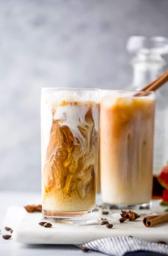 close up of an easy iced chai tea latte recipe in a cup