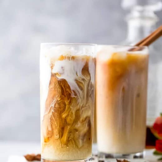 close up of an easy iced chai tea latte recipe in a cup