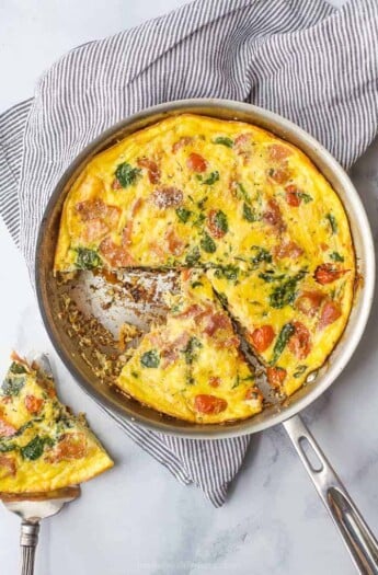 overhead photo of quick and easy prosciutto spinach frittata recipe in a pan