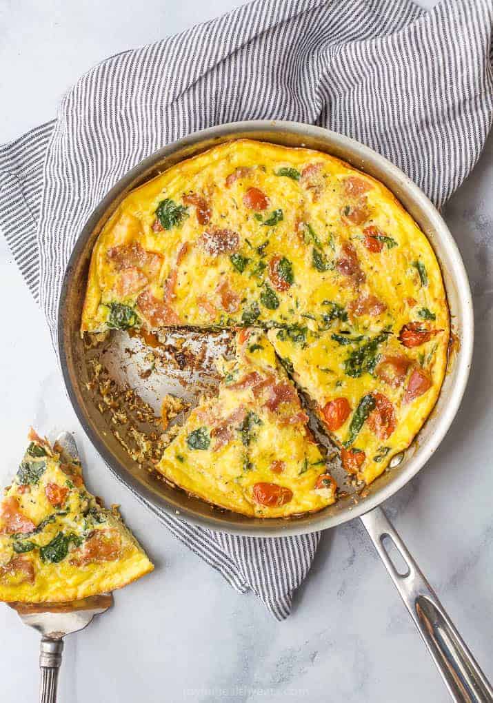 overhead photo of quick and easy prosciutto spinach frittata recipe in a pan