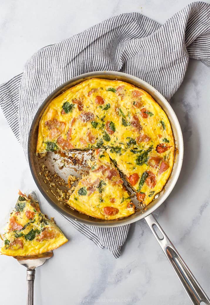 overhead photo of quick & easy prosciutto spinach frittata in a pan