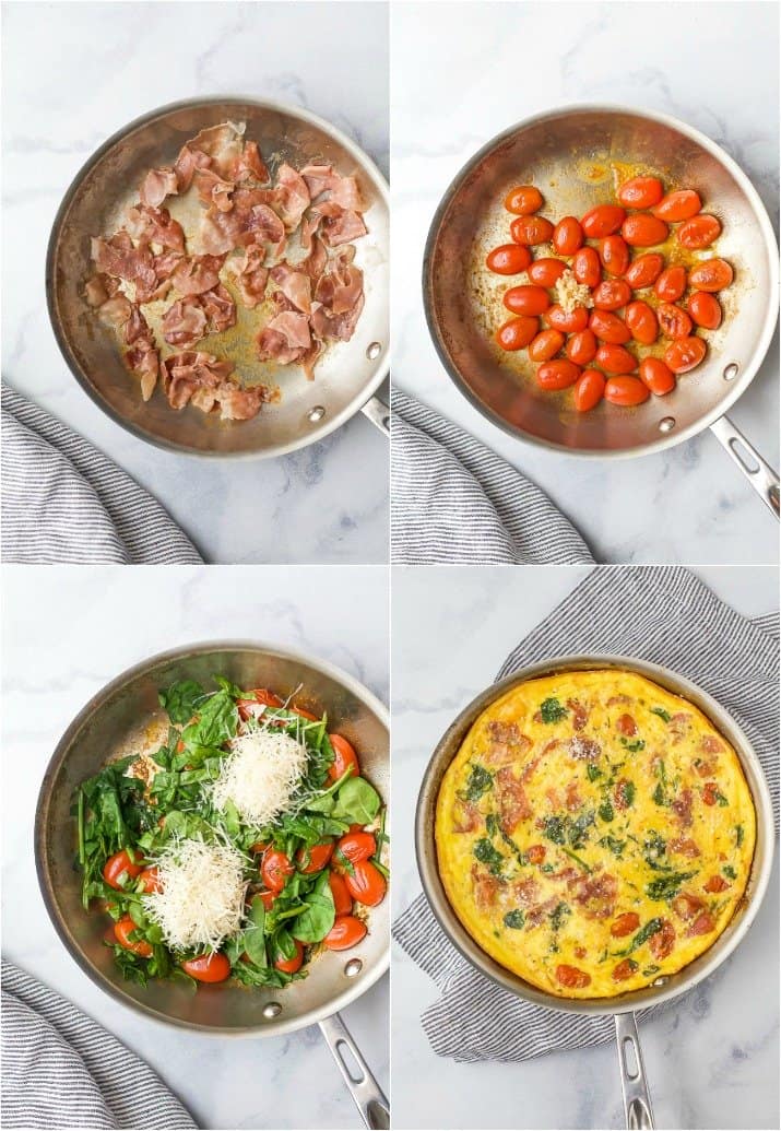 process photos of how to make a prosciutto spinach fritata