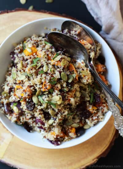 overhead photo of harvest roasted butternut squash quinoa salad recipe