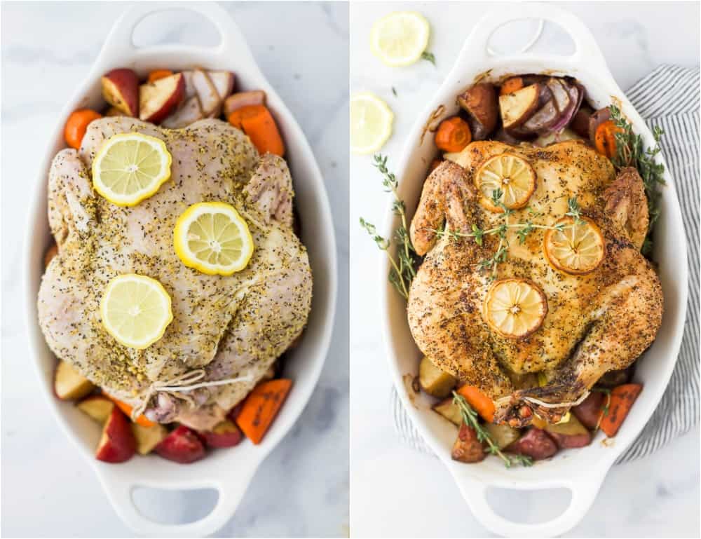 side by side photos of prepared roasted chicken and finished roasted chicken in a baking dish