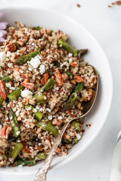 light and creamy goat cheese asparagus quinoa salad in a bowl