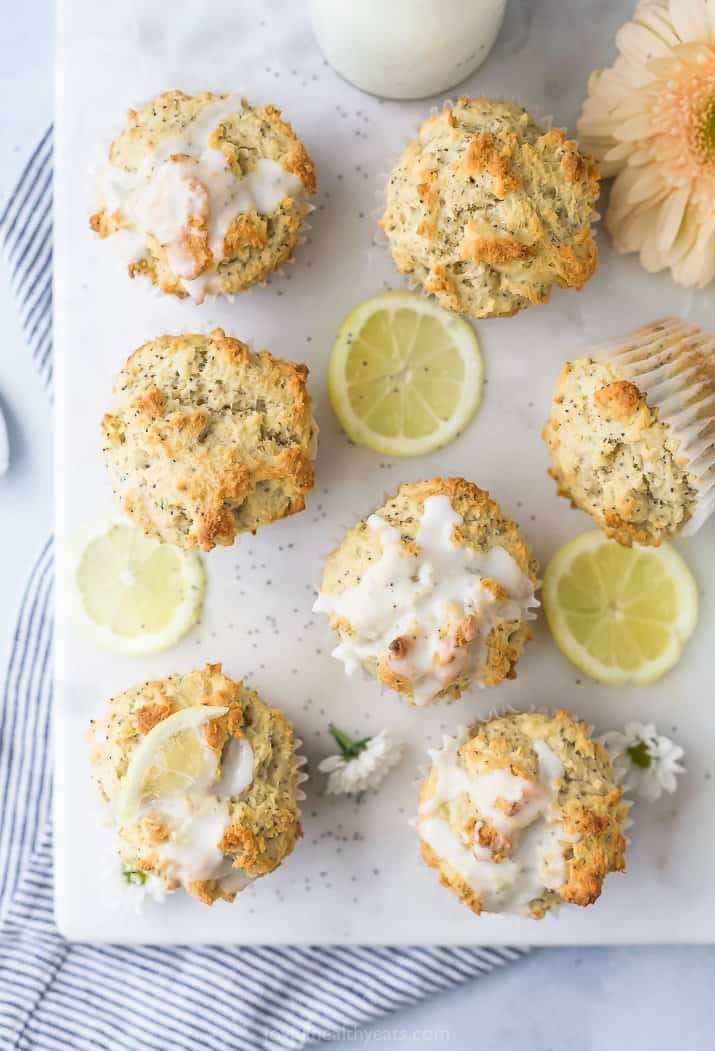 overhead photo of moist gluten free lemon poppyseed muffins